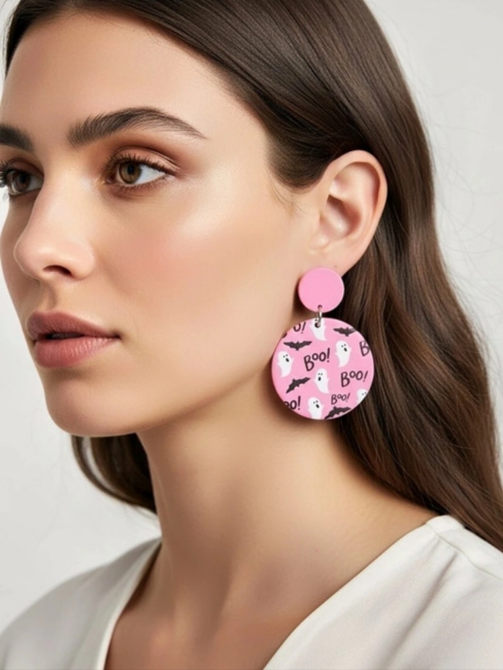 Pink & Black Halloween Ghost & Bat Drop Earrings